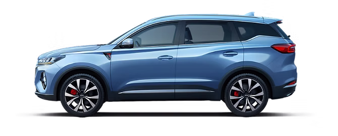 Blue SUV on a black background.