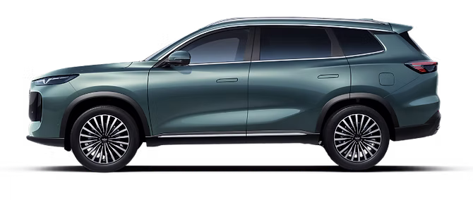 Green SUV side profile on black background.
